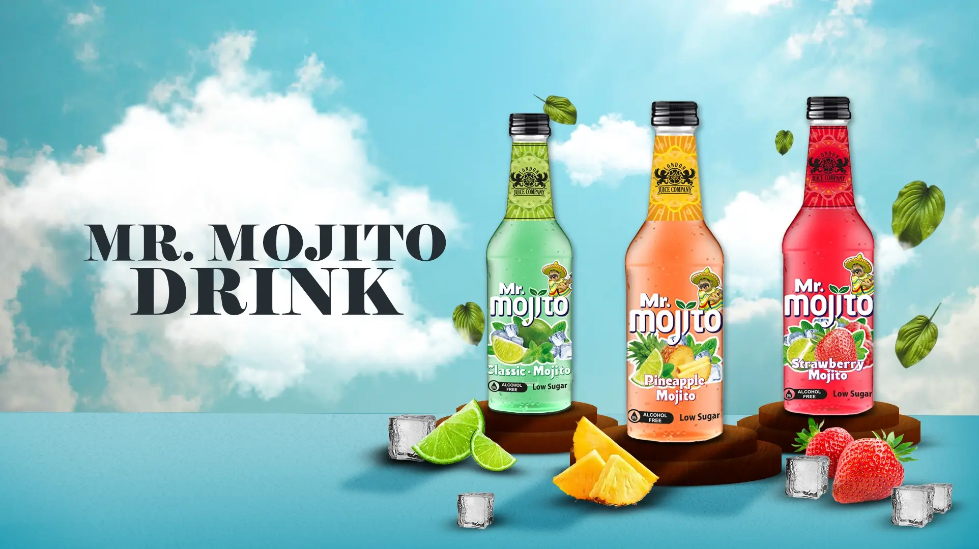 Mr. Mojito classic, pineapple, and strawberry mojito drinks displayed with fruit and ice cubes under a sunny sky.